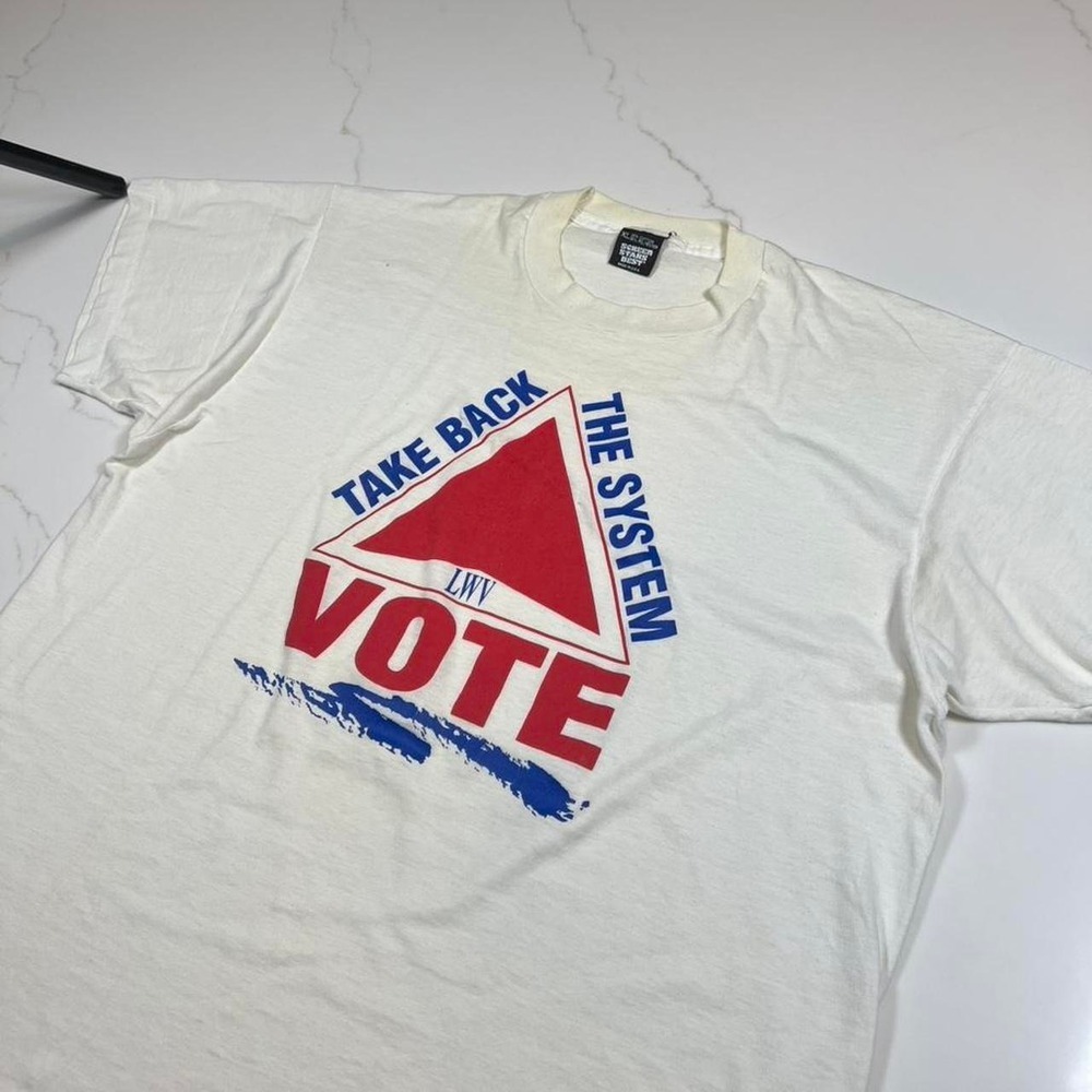 Screen Stars Best T-Shirt Mens XL White Take Back The System VOTE LWV Vintage